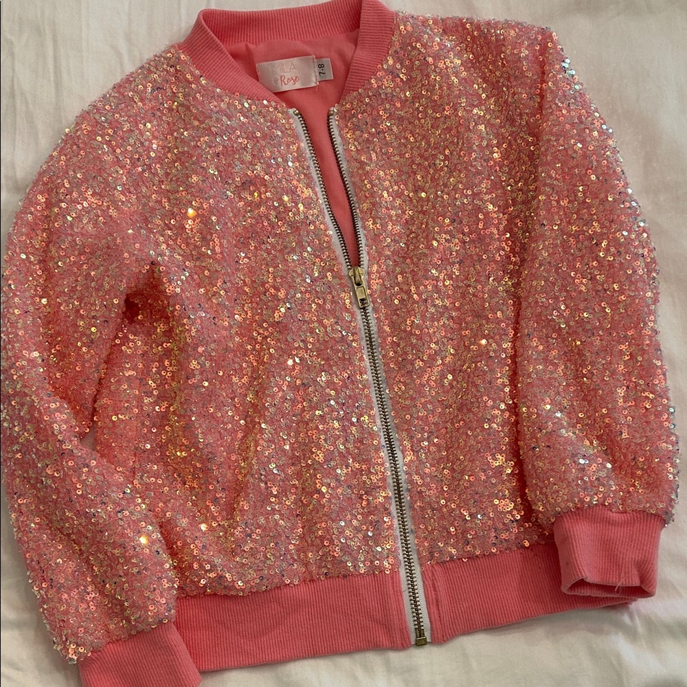 Youth Pink Sequin Bomber Jacket - Size 7-8